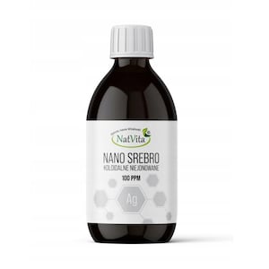 May include: A dark brown bottle with a white label featuring the text "Nano Srebro" and "100 PPM". The bottle has a white cap and contains a liquid. The label also includes the logo "NatVita".
