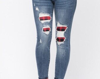 ripped jeans with flannel patches