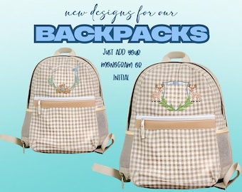 Khaki Gingham Backpack/Personalize It/NEW Embroidery Crest Frame Designs