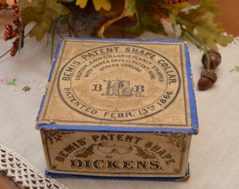 Vintage Bemis Paper Collar Box, Antique Paper Box, Dickens Collar Box, Union Paper Collar Co, 1800s, Patented 1866, Small Cardboard Box,