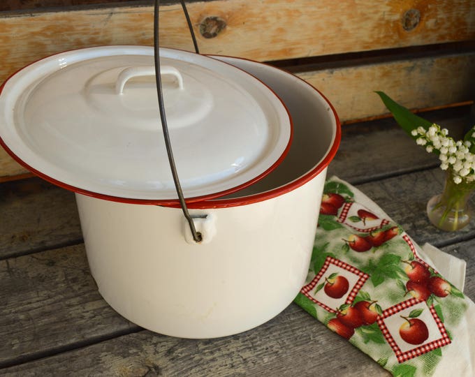Vintage White Enamel Stock Pot, Enamelware, Retro Canning Kettle, Large