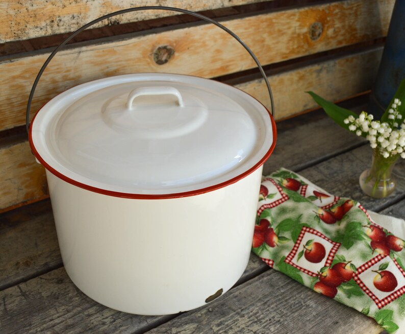 Vintage White Enamel Stock Pot Enamelware Retro Canning Etsy