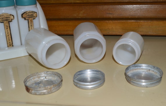 Fathers Day Gift Hazel Atlas Gift for Him Vintage Milk Glass Spice Set Flour Depression Glass Red Rack 4 Shakers Gift for Her 1930s
