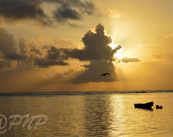 Sunrise Photography, Sunrise with Silhouette Boat,Dominican,Beach Sunrise, Golden Sunrise, Seascape Photo, Moody Sky Photo, Sunset, Wall Art