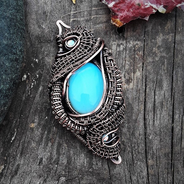 Opal and Opalite Pendant, Copper Heady Wire Wrapped Pendant Fantasy Inspired Handmade Wire Wrap Jewelry Artisan Handcrafted Gift for Her Him