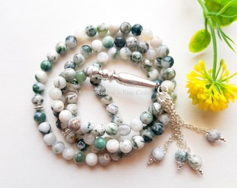 Natural Tree Moss Agate Aqeeq Islamic Prayer Beads, 99 Beads Tasbih, Misbaha, Sibha, Islamic Rosary, Worry Beads, 99 Beads Prayer Tasbih
