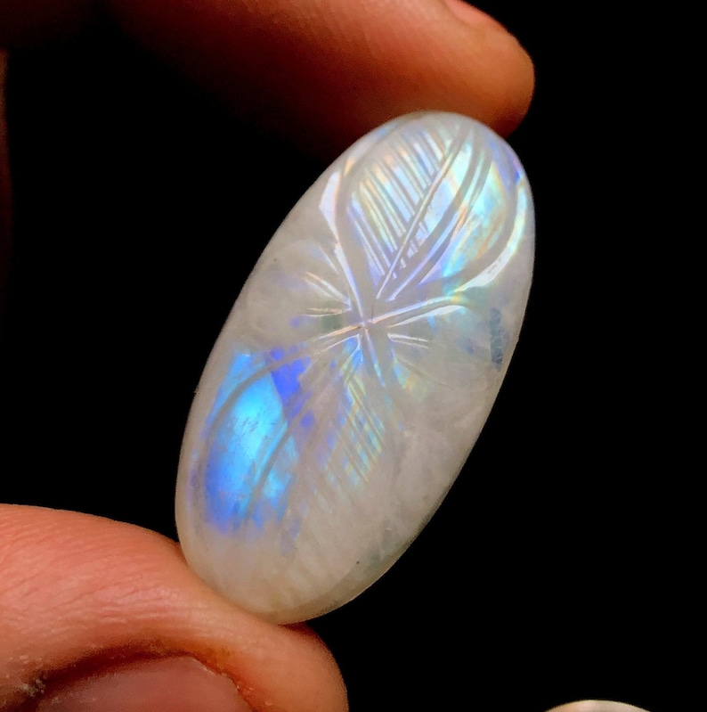 59857 Natural Rainbow Moonstone Handmade Carved Loose Gemstone for Jewelry Making Rainbow Moonstone Carving Cabochon Pendant