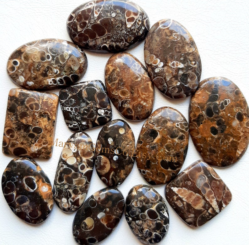 Pode incluir: Uma cole&ccedil;&atilde;o de 13 caboch&otilde;es de &aacute;gata marrom e preto com um padr&atilde;o &uacute;nico de cores e formas em espiral. Os caboch&otilde;es s&atilde;o de forma oval e retangular e s&atilde;o perfeitos para a fabrica&ccedil;&atilde;o de joias.
