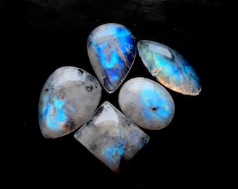 Rainbow Moonstone Cabochon With Black Tourmaline Dot 5 Pieces Gemstone Lot | Size : 22-16 MM | Rainbow Moonstone For Handmade Jewelry -68538