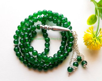 Natural Green Agate Aqeeq Islamic Prayer Beads, 99 Beads Tasbih, Misbaha, Sibha, Islamic Rosary, Worry Beads, 99 Beads Prayer Tasbih