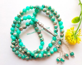 Natural Green Jasper Gemstone Islamic Prayer Beads, 99 Beads Tasbih, Misbaha, Sibha, Islamic Rosary, Worry Beads, 99 Beads Prayer Tasbih