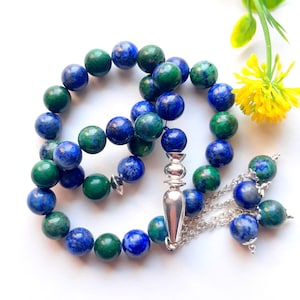 Azurit Malachit Edelstein 10 MM Islamische Gebetskette, 33 Perlen Tasbih, Misbaha, Sibha, Islamischer Rosenkranz, Sorgenperlen, Big Beads Gebet Tasbih