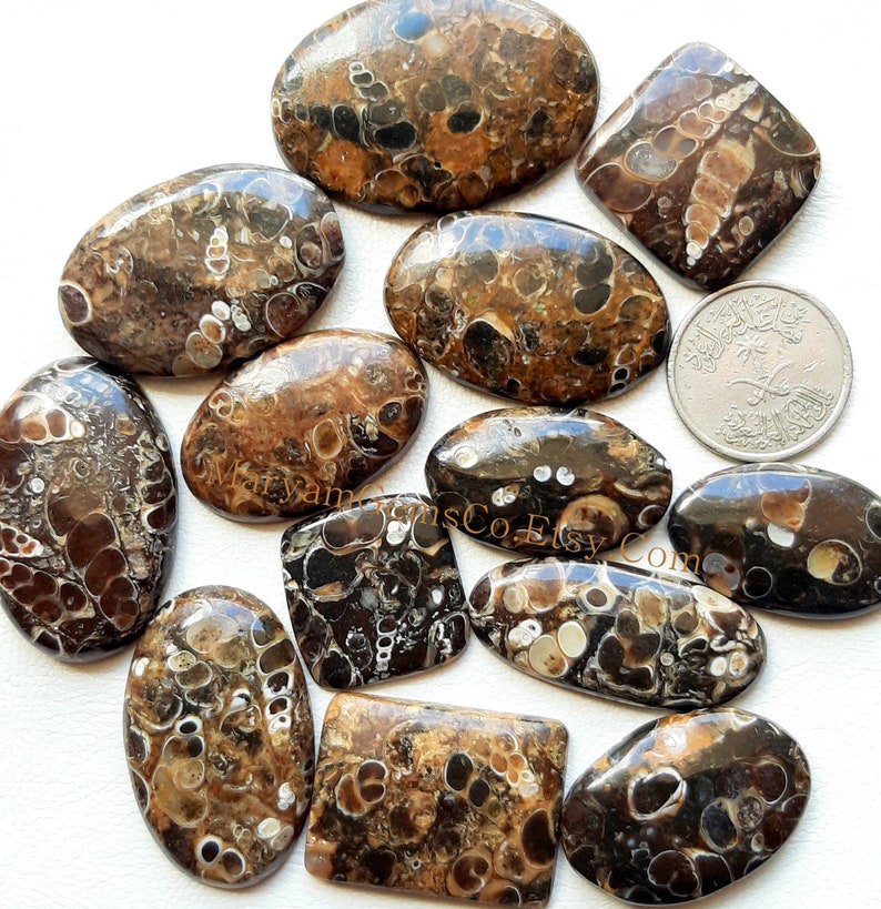 Pode incluir: Uma cole&ccedil;&atilde;o de 11 caboch&otilde;es de &aacute;gata oval e retangular, de cor marrom, preto e branco, com um padr&atilde;o de redemoinho. Os caboch&otilde;es s&atilde;o polidos e t&ecirc;m um acabamento liso e brilhante.