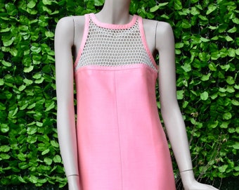 COURREGES 1970 Long Bubble Gum Pink Dress with Net Top