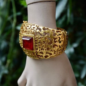 CHANEL 1980 Red Cabochon and Logos Cuff Bracelet