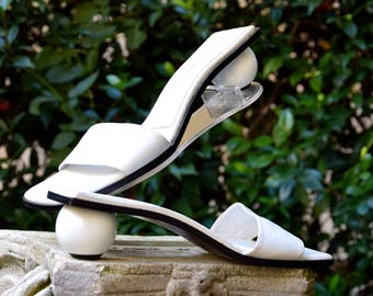 YVES SAINT LAURENT 1980 White Leather Ball Heel Sandals