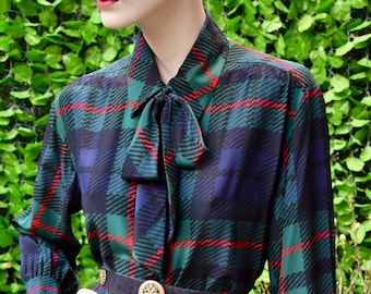 YVES SAINT LAURENT 1990 Tartan Silk Blouse