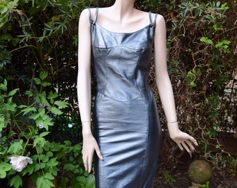 THIERRY MUGLER 1980 Steel Color Leather Sheath Dress