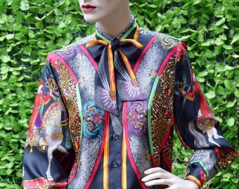 HERMES 1990 " Feux d'Artifices " Silk Blouse with Tie