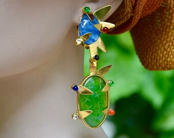 Boucles D'Oreilles Clips Daum Cactus Hilton McConnico - Turquoises - Avec Boîte - Occasion Bon État