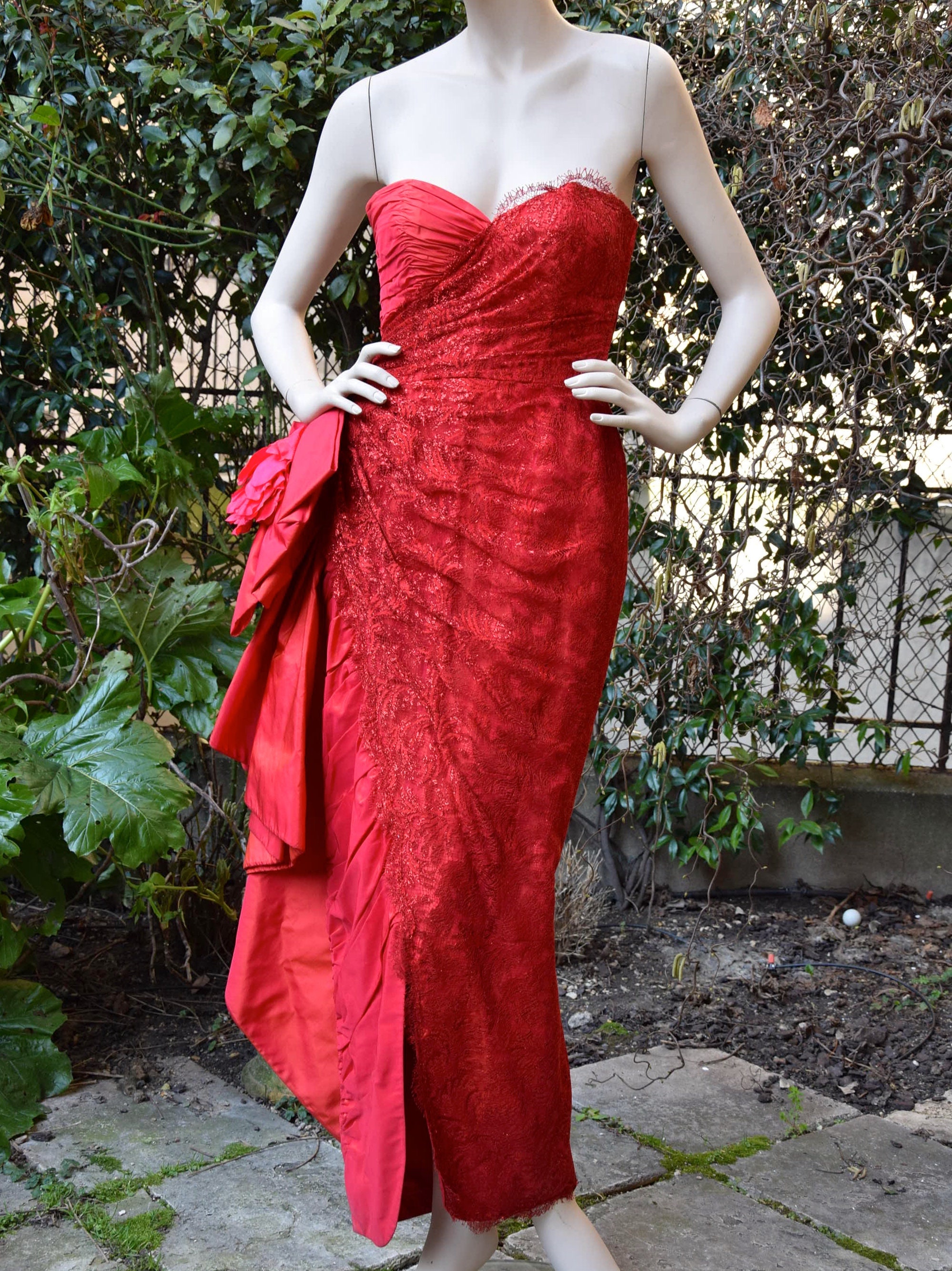 LORIS AZZARO 1980 Red Lace Sheah Bustier Dress and Bolero - Etsy 