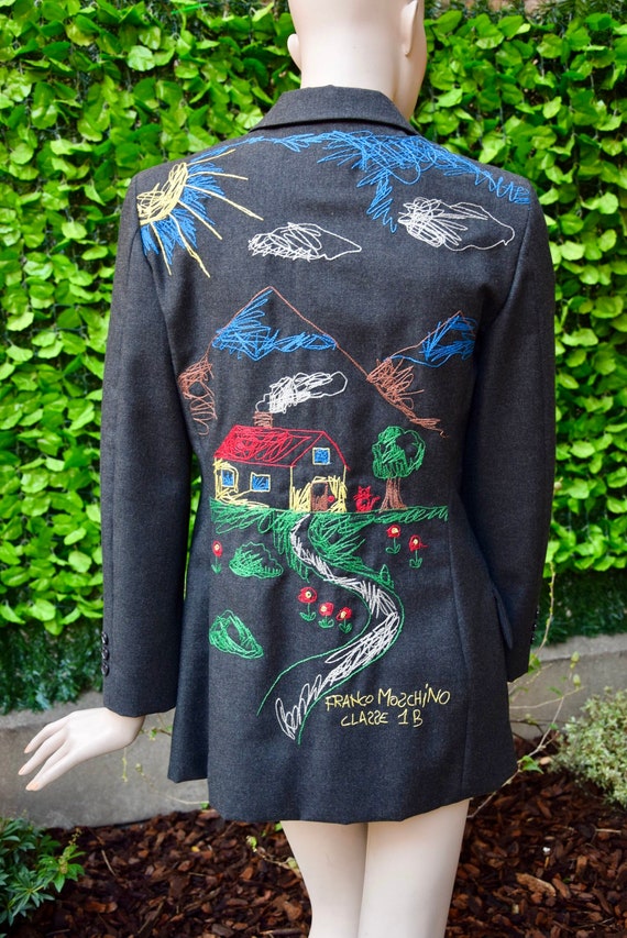 Moschino 1980 Child Drawing Embroidered Flannel Blazer