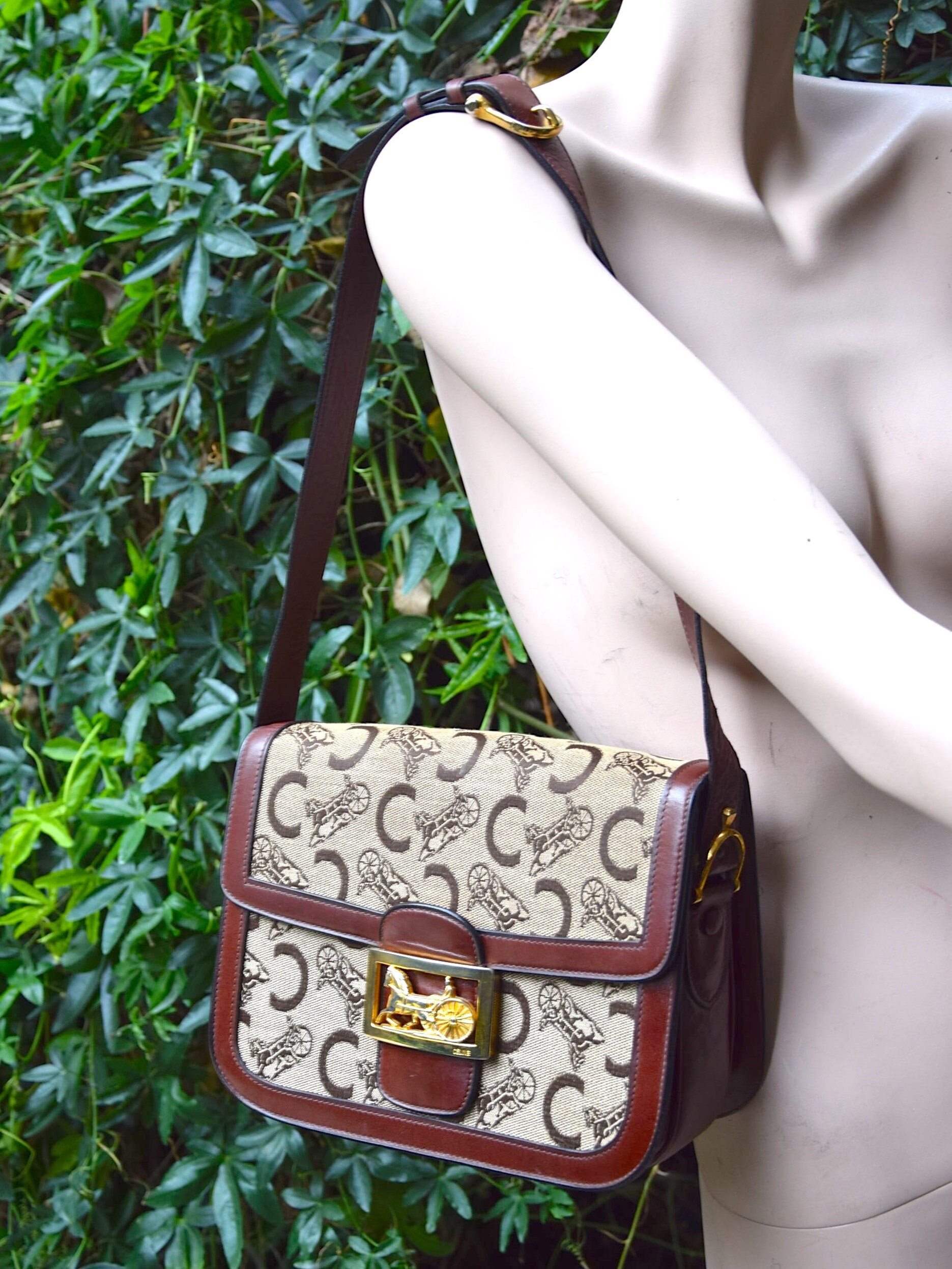 Vintage Celine Beige Macadam and Blason Pattern Classic Shoulder Bag with Golden Logo Motifs. Diffusion Line. 050316r3