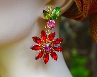 CHRISTIAN LACROIX 1990 Red Crystals Flower Earrings