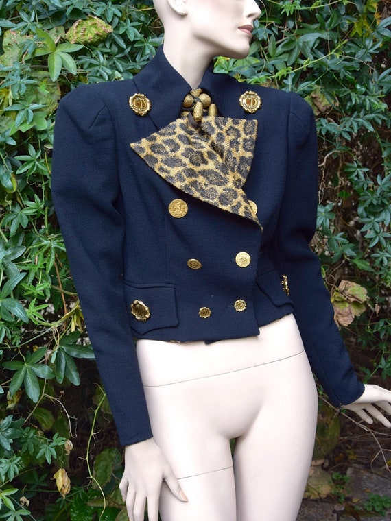 CHRISTIAN DIOR 1990 Directoire Black Short Jacket With Cheetah  