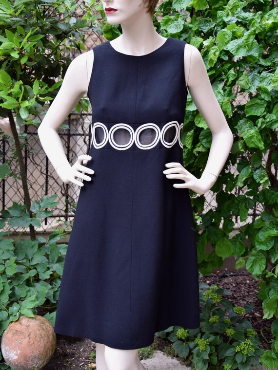 Space Age 1960 Windows Black Crepe Dress