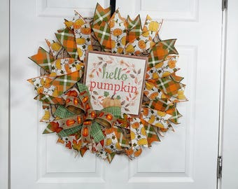 Hello Pumpkin Fall Wreath with glitter leaves, glam Fall, Rustic Farmhouse Autumn Door Decor, Mesh Wreath for Front Porch, Thanksgiving