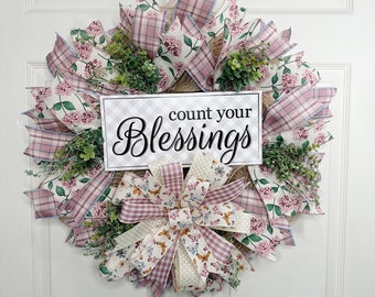 Blessing Wreath for front door, Spring, Wreath, Fun Wreath, Everyday Wreath, Patio, party, gift, floral, decor, Blessed, summer,