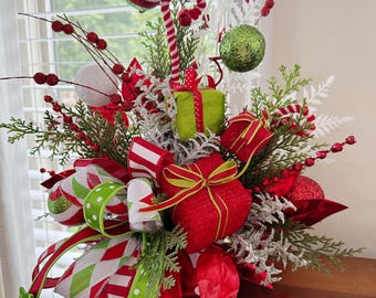 Christmas Centerpiece, Christmas arrangement, Faux Floral Gift, Christmas Decor, Winter, whimsical, presents, bow