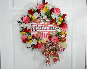 Strawberry wreath for front door, spring decor, Pool Wreath, Summer Decor, Pool Decor, Patio Wreath, strawberry wreath, Front Door Wreath