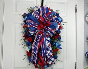 Large Patriotic Wreath, Red, White and Blue Floral Swag with Big Bow and Sparkle Accents, 4th of July Door Decor, Americana Porch Decor