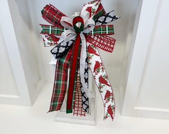 Elegant Winter Cardinal Christmas Bow, Red, Black, White and Plaid Holiday Accent, tree bow, lantern bow, wreath bow, tree topper, plaid