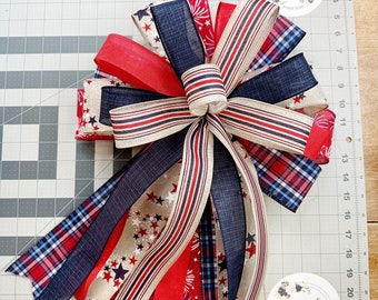 Patriotic Americana Wreath Bow, Red, White and Blue Fourth of July Ribbon Bow with Stars, Stripes and Plaid, Patriotic bow for front door