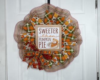 Pumpkin pie Fall Wreath with glitter leaves, glam Fall, Rustic Farmhouse Autumn Door Decor, Mesh Wreath for Front Porch, Thanksgiving