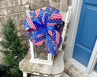 Patriotic Stars and Stripes Lantern Bow, Handmade 4th of July Décor, American Flag, red white and blue bow, stars, wreath bow, mail box bow