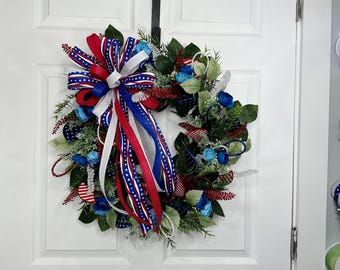 Patriotic Wreath, Red, White and Blue Floral Wreath with Big Bow and Sparkle Accents, 4th of July Door Decor, Americana Porch Decor