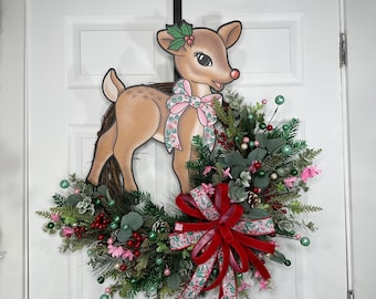 Elegant Pink Deer Christmas Wreath with Soft Sparkle and Frosted Details, Whimsical Winter Wonderland Decor, Pink Christmas Wreath, Berries