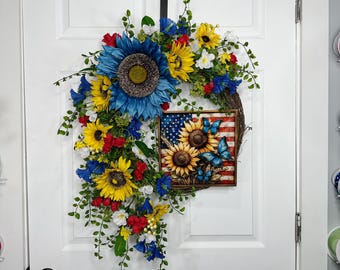 Large Patriotic Wreath, Red, White and Blue Floral wreath, 4th of July Door Decor, Americana Porch Decor, sunflower, decor