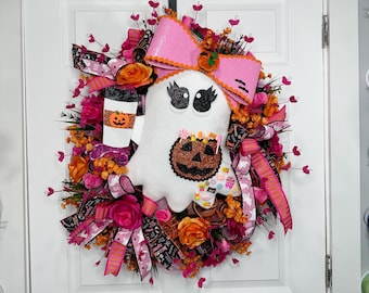 Fall wreath, ghost, pink and black floral wreath, front door decor, porch, party