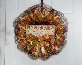 Pumpkin Fall Wreath with glitter leaves, glam Fall, Rustic Farmhouse Autumn Door Decor, Mesh Wreath for Front Porch, Thanksgiving
