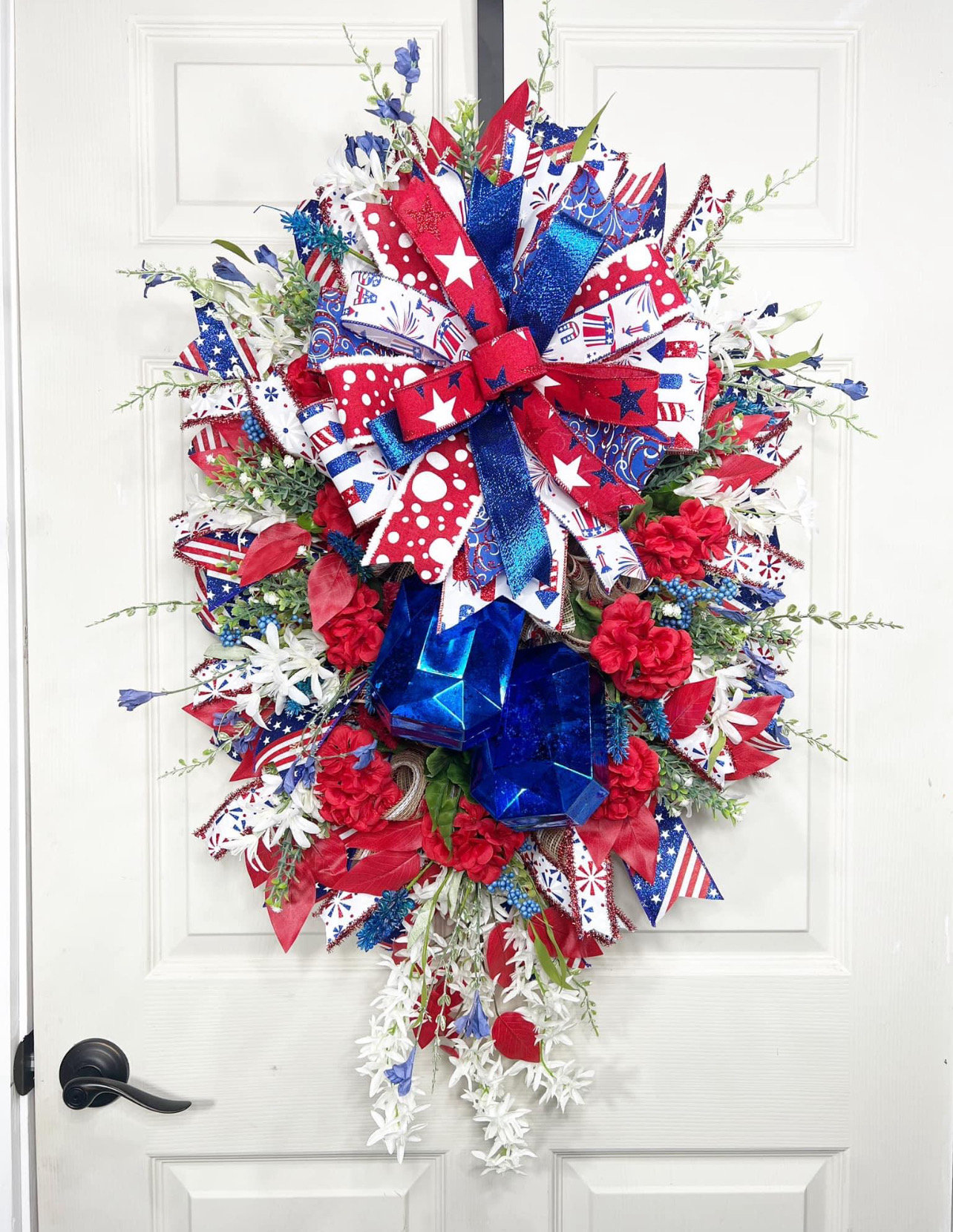 Patriotic wreath, glam, bright floral wreath, front door decor, Memorial Day, veteran, celebration, 4th of July, decoration, porch