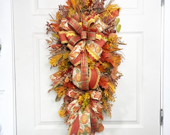 Autumn Harvest Teardrop Swag with Pumpkins and Plaid, Fall pumpkin floral swag for front door, Thanksgiving decor, Fall Decor, Fall Wreath