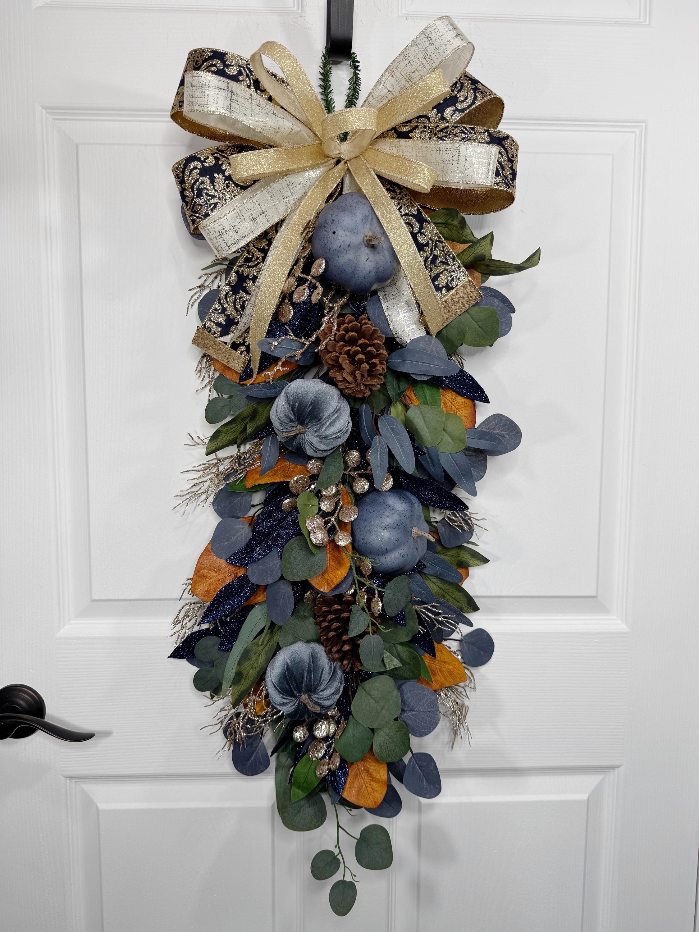 Elegant Navy and Gold Velvet Pumpkin Swag, Fall Door Swag With ...