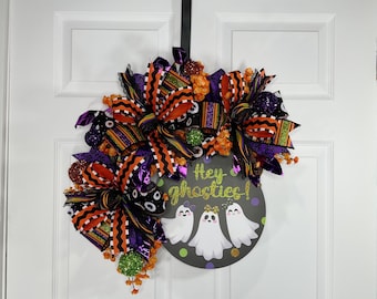 Ghost Wreath for front door, Halloween Wreath, Fun Wreath, Patio, party, gift, floral, decor, costume