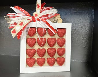Valentine’s Day Heart Frame Décor with Bow, Red Glitter Heart Wall Sign, Rustic Valentine Mantel, Tiered Tray or Shelf Accent
