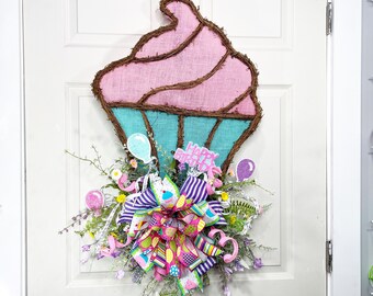 Happy birthday front door Wreath, Party decor, Celebration Wreath, cupcake wreath, Front Door Wreath